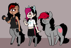 Size: 1207x816 | Tagged: safe, artist:/d/non, oc, oc:bella, oc:hiki, oc:miss eri, earth pony, pony, satyr, cat ears, clothes, compression shorts, dumbbell (object), parent:oc:miss eri, style emulation, the loud house, undercut, weights