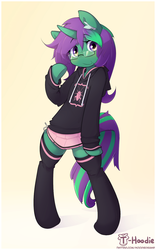Size: 935x1497 | Tagged: safe, artist:hoodie, oc, oc only, oc:buggy code, pony, unicorn, semi-anthro, arm hooves, bipedal, clothes, cute, female, glasses, hoodie, mare, miniskirt, ocbetes, pleated skirt, skirt, socks, solo, thigh highs, zettai ryouiki