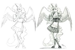 Size: 1764x1186 | Tagged: safe, artist:baron engel, princess celestia, alicorn, anthro, g4, bar maid, breasts, cleavage, female, monochrome, pencil drawing, solo, traditional art, waitress
