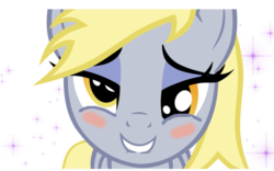 Size: 680x425 | Tagged: safe, artist:praise-sunbutt, edit, editor:undeadponysoldier, derpy hooves, pegasus, pony, g4, bedroom eyes, blushing, female, lip bite, looking at you, mare, simple background, solo, sparkles, white background