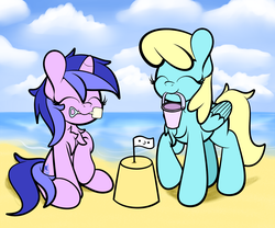 Size: 2400x2000 | Tagged: dead source, safe, artist:php142, sassaflash, sea swirl, seafoam, pegasus, pony, unicorn, g4, background pony, beach, bucket, chest fluff, cute, eyes closed, female, high res, mare, mouth hold, ocean, sandcastle, shovel, smiling, ych result
