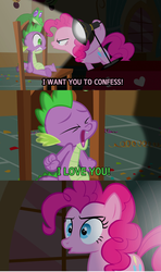 Size: 1908x3232 | Tagged: safe, edit, edited screencap, screencap, gummy, pinkie pie, spike, g4, party of one, female, interrogation, male, ship:pinkiespike, shipping, spotlight, straight