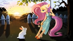 Size: 1280x725 | Tagged: safe, artist:elcydog, angel bunny, fluttershy, anthro, unguligrade anthro, g4, clothes, colored hooves, dress, fence, flower, signature, sitting, smiling, sunset, swing, tree
