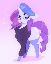 Size: 1335x1664 | Tagged: safe, artist:bigdad, rarity, pony, unicorn, g4, bedroom eyes, beret, cigarette, cigarette holder, clothes, female, hat, lidded eyes, looking at you, mare, missing cutie mark, mouth hold, smoking, solo, stockings, sweater, thigh highs