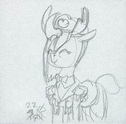 Size: 473x467 | Tagged: safe, artist:carnifex, oc, oc only, oc:myxine, changedling, changeling, changeling queen, antlers, badge, black and white, bowtie, changedling oc, changeling oc, changeling queen oc, concept art, eyes closed, female, grayscale, hat, military uniform, monochrome, necktie, pencil drawing, simple background, sketch, smiling, solo, traditional art