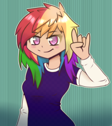 Size: 4000x4500 | Tagged: safe, artist:tuxisthename, rainbow dash, human, g4, blushing, cute, dashabetes, devil horn (gesture), female, humanized, looking at you, smiling, solo