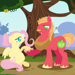 Size: 2000x2000 | Tagged: safe, anonymous artist, big macintosh, fluttershy, pony, series:fm holidays, g4, alternate hairstyle, bags under eyes, facial hair, female, floppy ears, hair bun, high res, holding hooves, hoof on belly, lineless, looking at each other, male, moustache, no pupils, older, older big macintosh, older fluttermac, older fluttershy, outie belly button, pregnant, ship:fluttermac, shipping, sitting, straight, tree