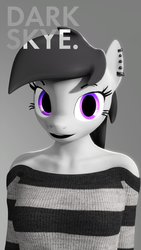Size: 2160x3840 | Tagged: safe, artist:darkskye, oc, oc only, oc:darkskye, anthro, 3d, 4k, black and white, clothes, ear piercing, female, grayscale, high res, lipstick, monochrome, nexgen, piercing, simple background, solo, source filmmaker, stripes, sweater