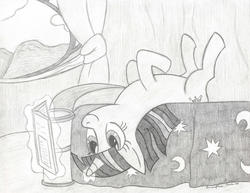Size: 900x694 | Tagged: safe, artist:peruserofpieces, twilight sparkle, pony, unicorn, g4, bed, curtains, gift art, glowing horn, golden oaks library, happy, horn, legs in air, lying down, lying on bed, magic, magic aura, on back, pencil drawing, reading, smiling, traditional art, unicorn twilight, upside down, window