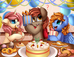 Size: 3300x2550 | Tagged: safe, artist:pridark, oc, oc only, oc:quick trip, oc:rose pendant, oc:winterlight, earth pony, pegasus, pony, unicorn, balloon, commission, cupcake, dessert, food, high res, mouth hold, open mouth, pastry, plate, present, question mark