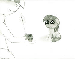 Size: 1024x807 | Tagged: safe, smarty pants, twilight sparkle, twilight velvet, pony, unicorn, g4, big eyes, crying, female, filly, filly twilight sparkle, floppy ears, frown, happy, mare, mother and daughter, newbie artist training grounds, pencil drawing, sad, sewing, sewing needle, smiling, teary eyes, thread, traditional art, unicorn twilight, younger