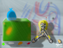 Size: 2048x1556 | Tagged: safe, artist:wvdr220dr, oc, oc only, robot, equestria girls, g4, abandoned, backstreet, feelings, female, green eyes, imfomaz os, lonely, sadness, solo, trash, yellow hair