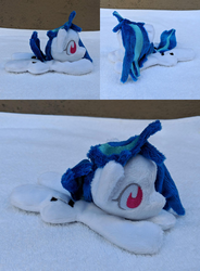 Size: 1588x2160 | Tagged: safe, artist:plushbyanto, dj pon-3, vinyl scratch, pony, g4, beanie (plushie), chibi, female, hair over one eye, irl, lying down, mare, minky, missing horn, no mouth, no nose, no pupils, photo, plushie, prone, solo, sploot, toy