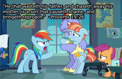 Size: 2948x1925 | Tagged: safe, edit, edited screencap, screencap, bow hothoof, rainbow dash, scootaloo, windy whistles, g4, parental glideance, bible verse, christianity, op is a duck, op is trying to start shit, religion, text