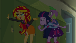 Size: 1920x1080 | Tagged: safe, screencap, spike, sunset shimmer, twilight sparkle, dog, human, equestria girls, g4, my little pony equestria girls, backpack, clothes, female, jacket, lockers, male, miniskirt, pleated skirt, skirt, spike the dog, spike's dog collar
