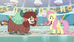 Size: 1280x720 | Tagged: safe, screencap, fluttershy, yona, pegasus, pony, yak, g4, she's all yak, bow, cloven hooves, dance lesson, dancing, female, hair bow, mare, monkey swings