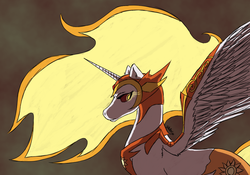 Size: 1000x700 | Tagged: safe, artist:samsx22, daybreaker, alicorn, pony, g4, abstract background, armor, fangs, female, helmet, jewelry, looking back, mare, regalia, solo, spread wings, wing armor, wings