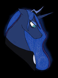 Size: 630x850 | Tagged: safe, artist:samsx22, princess luna, pony, g4, black background, bust, ethereal mane, female, floppy ears, jewelry, lidded eyes, looking down, mare, regalia, simple background, solo, starry mane, tired