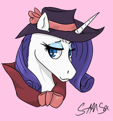 Size: 650x700 | Tagged: safe, artist:samsx22, rarity, horse, pony, unicorn, g4, bow, bust, clothes, detective rarity, female, hat, hoers, lidded eyes, looking sideways, mare, pink background, simple background, solo