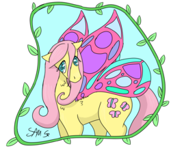 Size: 1100x1000 | Tagged: safe, artist:samsx22, fluttershy, butterfly pony, flutter pony, pony, g4, abstract background, butterfly wings, female, floppy ears, fluffy, flutterfly, looking at you, mare, race swap, solo, stray strand, wings