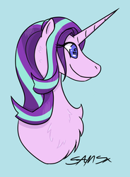 Size: 700x950 | Tagged: safe, artist:samsx22, starlight glimmer, pony, unicorn, g4, blue background, bust, chest fluff, eye clipping through hair, female, fluffy, mare, simple background, smiling, solo