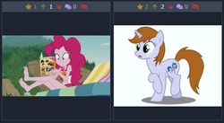 Size: 486x267 | Tagged: safe, artist:draymanor57, feather bangs, pinkie pie, oc, oc only, oc:homage, oc:littlepip, human, pony, unicorn, derpibooru, fallout equestria, equestria girls, friendship math, g4, my little pony equestria girls: better together, blushing, cropped, fanfic, fanfic art, female, hooves, horn, juxtaposition, juxtaposition win, living cutie mark, mare, meme, meta, nervous, simple background, stuck together, transformation