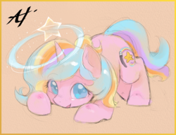 Size: 2475x1914 | Tagged: safe, artist:alts-art, oc, oc only, oc:oofy colorful, pony, unicorn, cute, face down ass up, female, horn, magic, mare, multicolored hair, multicolored tail, orange background, signature, simple background, sketch, solo, stars