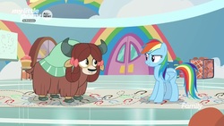 Size: 1280x720 | Tagged: safe, screencap, rainbow dash, yona, pegasus, pony, yak, g4, she's all yak, bow, cloven hooves, dance lesson, female, hair bow, mare, monkey swings