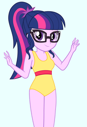 Size: 1372x2004 | Tagged: safe, artist:draymanor57, derpibooru exclusive, sci-twi, twilight sparkle, equestria girls, g4, clothes, female, glasses, legs together, one-piece swimsuit, ponytail, simple background, solo, swimsuit
