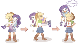 Size: 2500x1400 | Tagged: safe, artist:tcn1205, applejack, rarity, human, equestria girls, g4, bicep carry, bridal carry, carrying, chibi, cute, female, geode of super strength, humanized, jackabetes, lesbian, lifting, magical geodes, over shoulder, pony coloring, put me down, raribetes, rarity is not amused, ship:rarijack, shipping, strong, tsundere, tsunderity, unamused