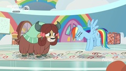Size: 1280x720 | Tagged: safe, screencap, rainbow dash, yona, pegasus, pony, yak, g4, she's all yak, bow, cloven hooves, dance lesson, dancing, female, hair bow, mare, monkey swings