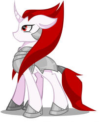 Size: 1024x1268 | Tagged: safe, artist:marly-kaxon, oc, oc only, oc:crimson lance, pony, unicorn, armor, curved horn, female, floppy ears, horn, mare, simple background, solo, white background
