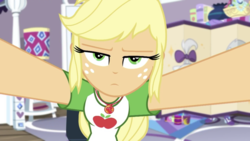 Size: 1334x750 | Tagged: safe, screencap, applejack, opalescence, camping must-haves, equestria girls, g4, my little pony equestria girls: better together, applejack is not amused, female, geode of super strength, lidded eyes, looking at you, magical geodes, offscreen character, pov, rarity's bedroom, solo, unamused
