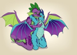 Size: 1280x905 | Tagged: safe, artist:exelzior, princess ember, spike, dragon, anthro, g4, arm behind head, armpits, breast grab, breasts, caress, dragoness, female, grope, lizard breasts, male, mama ember, pregnant, ship:emberspike, shipping, straight, winged spike, wings
