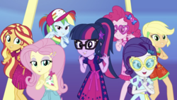 Size: 1334x750 | Tagged: safe, screencap, applejack, fluttershy, pinkie pie, rainbow dash, rarity, sci-twi, sunset shimmer, twilight sparkle, equestria girls, g4, i'm on a yacht, my little pony equestria girls: better together, biting, female, geode of fauna, geode of sugar bombs, geode of telekinesis, humane five, humane seven, humane six, magical geodes, tongue bite