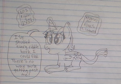 Size: 612x427 | Tagged: safe, artist:nightshadowmlp, twilight sparkle, alicorn, pony, sphinx, g4, book, dialogue, glowing horn, horn, implied cheese sandwich, implied pinkie pie, lined paper, species swap, sphinxified, traditional art, twilight sparkle (alicorn)