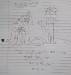 Size: 619x656 | Tagged: safe, artist:nightshadowmlp, princess luna, alicorn, human, pony, g4, astronaut, exclamation point, interrobang, lined paper, luna and the nauts, moon, moon landing, question mark, s1 luna, sweatdrop, text, traditional art