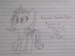 Size: 623x463 | Tagged: safe, artist:nightshadowmlp, oc, oc:game point, oc:ola tiger, alicorn, pony, alicorn oc, female, fusion, fusion:game tiger, lined paper, mare, text, traditional art