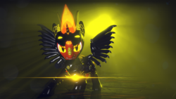 Size: 1920x1080 | Tagged: safe, artist:phoenixtm, oc, oc:delta firedash, alicorn, dracony, hybrid, pony, robot, robot pony, 3d, alicorn oc, angry, armor, ethereal mane, glowing eyes, helmet, lens flare, looking at you, robot dracony, source filmmaker, spread wings, weapon, wings