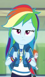 Size: 642x1080 | Tagged: safe, screencap, heath burns, rainbow dash, equestria girls, g4, my little pony equestria girls: better together, run to break free, beautiful, cropped, cute, dashabetes, female, geode of super speed, looking at you, magical geodes, rainbow dash is not amused, sad, sadorable, solo focus, unamused