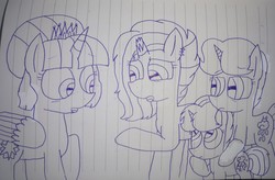 Size: 4440x2921 | Tagged: safe, artist:徐詩珮, fizzlepop berrytwist, spring rain, tempest shadow, twilight sparkle, oc, oc:storm lightning, alicorn, pony, unicorn, g4, alternate hairstyle, broken horn, crown, female, horn, jewelry, lesbian, lineart, lined paper, magical lesbian spawn, mare, next generation, offspring, older, older spring rain, older tempest shadow, older twilight, parent:spring rain, parent:tempest shadow, parents:springshadow, regalia, ship:springshadow, shipping, spring rain is not amused, teenager, traditional art, twilight sparkle (alicorn), unamused
