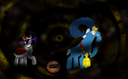 Size: 1600x1000 | Tagged: safe, grogar, king sombra, goat, pony, unicorn, g4, season 9, armor, bell, cloven hooves, colored hooves, colored horn, crown, crystal ball, curved horn, darkness, emperor, evil, grogar's orb, horn, jewelry, male, regalia, stallion