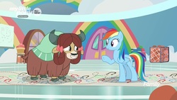 Size: 1280x720 | Tagged: safe, screencap, rainbow dash, yona, pegasus, pony, yak, g4, she's all yak, bow, cloven hooves, dance lesson, dancing, female, hair bow, mare, monkey swings