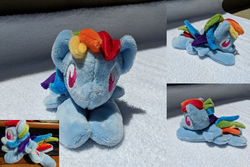 Size: 2382x1588 | Tagged: safe, artist:plushbyanto, rainbow dash, pegasus, pony, g4, beanie (plushie), chibi, female, irl, lying down, mare, minky, no mouth, no nose, no pupils, photo, plushie, prone, solo, sploot, toy, wings