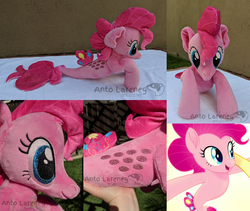 Size: 2382x2012 | Tagged: safe, artist:plushbyanto, edit, edited screencap, screencap, pinkie pie, seapony (g4), g4, my little pony: the movie, female, fins, front view, high res, irl, lying down, mare, minky, photo, plushie, profile, race swap, scales, seaponified, seapony pinkie pie, smiling, solo, species swap, tail fin, toy