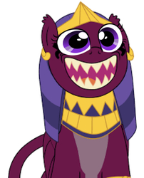 Size: 750x926 | Tagged: safe, edit, editor:undeadponysoldier, the sphinx, sphinx, g4, adorable face, alternate eye color, clothes, crown, cute, face swap, fangs, female, happy, jewelry, looking up, open mouth, regalia, simple background, smiling, solo, sphinxdorable, white background