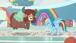 Size: 1280x720 | Tagged: safe, screencap, rainbow dash, yona, pegasus, pony, yak, g4, she's all yak, bow, cloven hooves, dance lesson, dancing, female, hair bow, jumping, mare, monkey swings