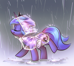 Size: 1200x1080 | Tagged: safe, artist:mirroredsea, princess luna, alicorn, pony, g4, cloak, clothes, cute, eyes closed, female, filly, folded wings, gradient background, gray background, horn, lunabetes, missing accessory, parka, poncho, puddle, rain, raincoat, raised hoof, raised leg, s1 luna, see-through, simple background, smiling, solo, sweet dreams fuel, walking, wings, woona, younger