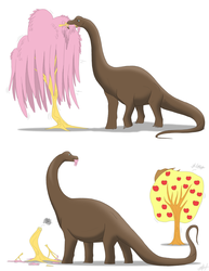 Size: 2550x3300 | Tagged: safe, artist:grievousfan, applejack, fluttershy, brachiosaurus, dinosaur, sauropod, g4, apple, apple tree, applejack's hat, censored vulgarity, comic, cowboy hat, dendrification, eating, fluttertree, food, food chain, grawlixes, grimderp, hat, herbivore, high res, i'd like to be a tree, inanimate tf, simple background, tree, tree stump, treejack, weeping willow, white background