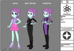 Size: 2710x1881 | Tagged: safe, artist:invisibleink, sunny flare, fanfic:evil-count-proteus's unnamed eqg au, equestria girls, g4, bodysuit, boots, catsuit, clothes, commissioner:evil-count-proteus, computer, crystal prep academy, crystal prep shadowbolts, fanfic, fanfic art, female, high res, reference sheet, serious, serious face, shirt, shoes, show accurate, skirt, spy suit, uniform, watch, wristwatch
